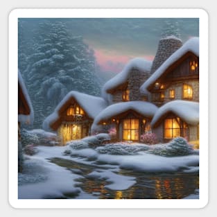 Magical Fantasy House with Lights in a Snowy Scene, Fantasy Cottagecore artwork Magnet